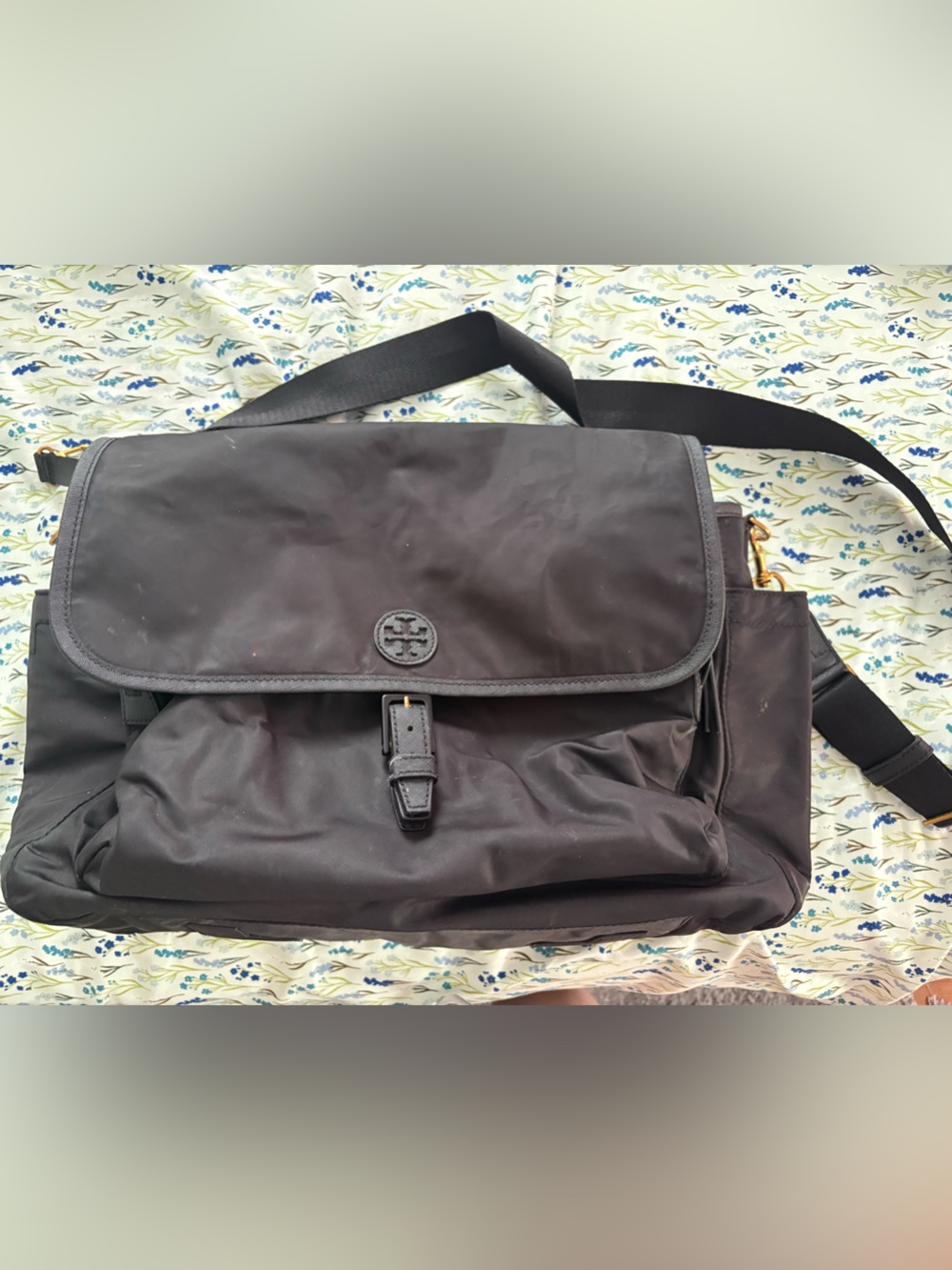 Tory Burch Black Nylon Crossbody Messenger Bag with Logo Flap